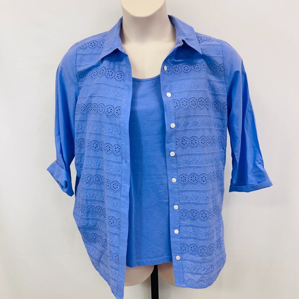 D & Co 2 Piece Set Blue Eyelet Button-Down Shirt & Tank Top Women's Size Small